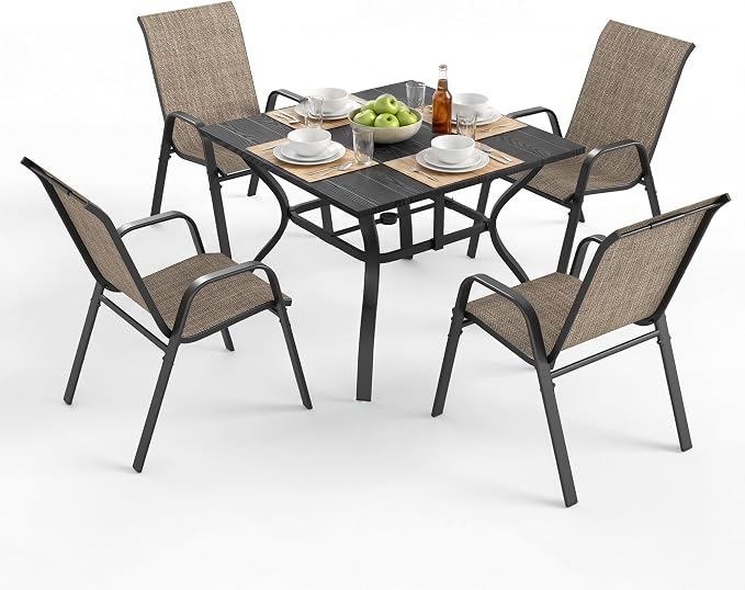 Outdoor Patio Dining Set for 4, 5 Pieces Patio Table and Chairs Set with Umbrella Hole, 37.8"x 37.8" Square Metal Wood-Grain Dining Table Set with 4 Stackable Patio Chairs for Deck , Backyard, Porch