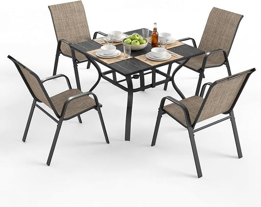 Outdoor Patio Dining Set for 4, 5 Pieces Patio Table and Chairs Set with Umbrella Hole, 37.8"x 37.8" Square Metal Wood-Grain Dining Table Set with 4 Stackable Patio Chairs for Deck , Backyard, Porch