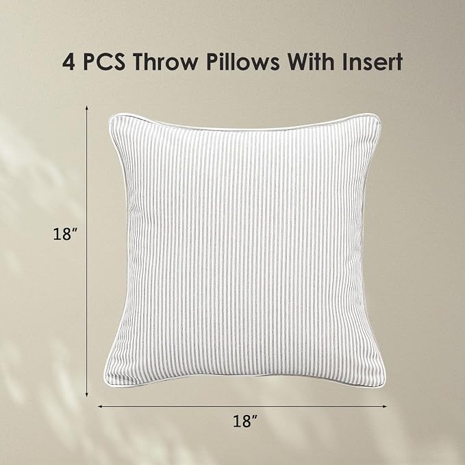 Decorative Outdoor Water Repellent Throw Pillows with Inserts, Set of 4, 18" x18" Pillows for Patio, Backyard, Bed, Couch, and Patio Furniture, Tan Stripe