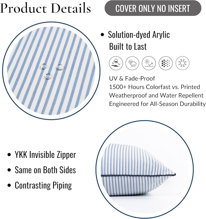 Hofdeco Premium Coastal Hampton Outdoor Performance Throw Pillow Cover Only, 22"x22" Water Repellent, UV and Fade Resistant for Backyard, Couch, Poolside, Azure Blue Indigo Woven Coastline Stripes