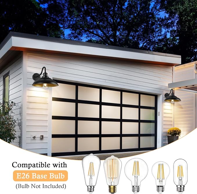 Outdoor Barn Light, 12'' Farmhouse Exterior Wall Mount Light, Outdoor Indoor Wall Sconce, Exterior Porch Lighting Fixture, Industrial Black Lantern for Entry Garage, 2 Pack