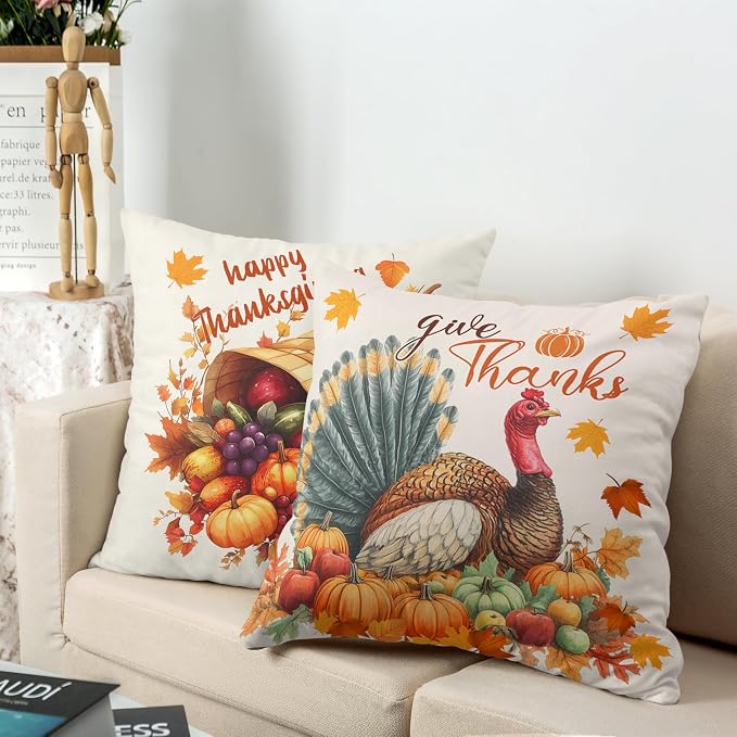 Set of 2 Thanksgiving Throw Pillow Covers 20x20 Turkey with Autumn Pumpkin Pillow Covers Fall Harvest Pillow Case Square Cushion Case for Living Room Couch