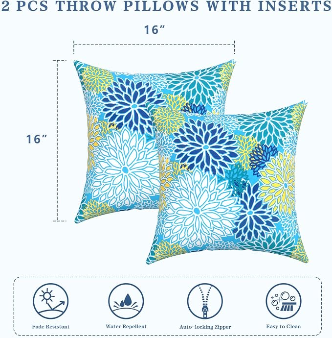 LVTXIII Outdoor Throw Pillows, Decorative Throw Pillows with Inserts, 16"x16" Square Pillows for Bed, Couch, Sofa and Patio Furniture, Set of 2, Dahlia Blue