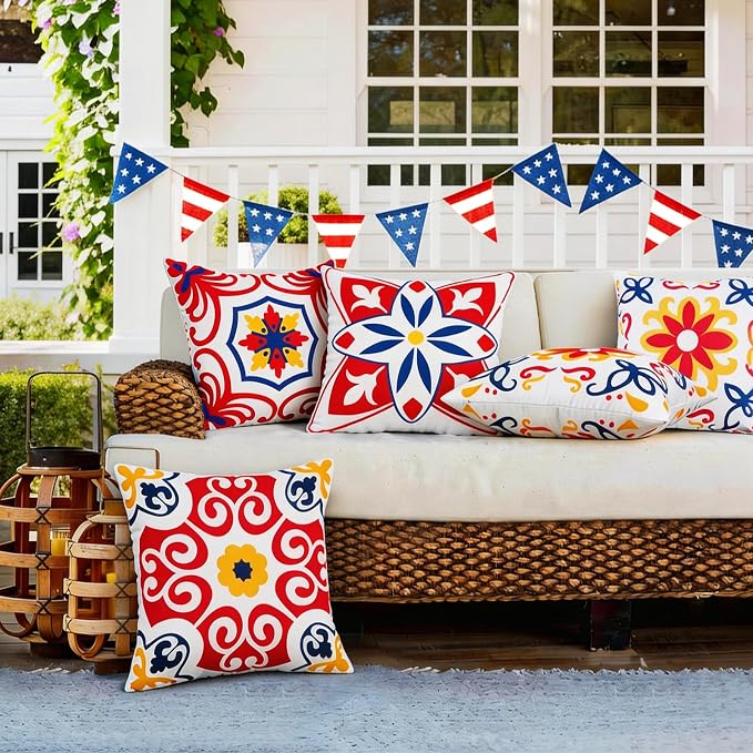 Pyonic 4th of July Outdoor Pillows Waterproof Throw Pillow Covers Set of 4 Red Blue White Floral Printed Patriotic Outdoor Pillow Covers for Patio Funiture Garden 18x18 Inch-Double Side