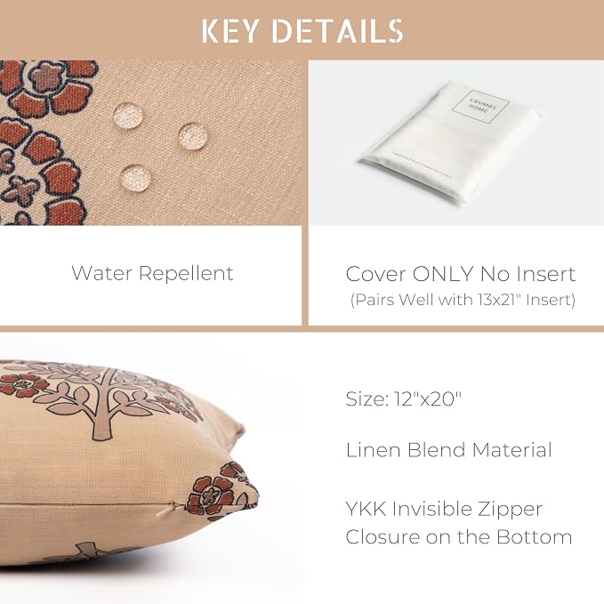 Crumbs Home Modern Farmhouse California Casual Indoor Outdoor Lumbar Pillow Cover, 12"x20" Water Repellent for Patio, Backyard, Couch, Earth Tone Tan Rust Orange Block Print Hydrangea Flowers