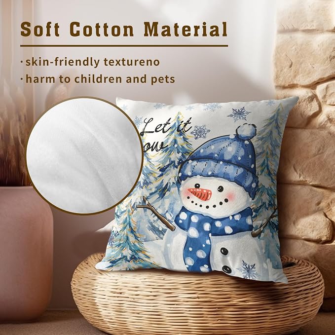 Winter Snowman Throw Pillow Covers Set of 2, 20x20 Inch Pine Trees Holiday Square Pillowcases for Living Room Bedroom Sofa Couch Patio Outdoor Home Decor