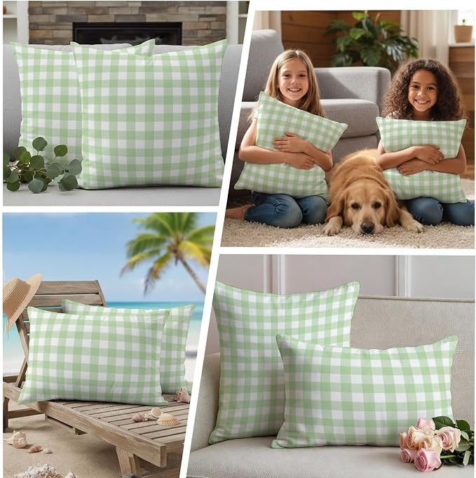 Mint Green Checks Outdoor Pillow Covers 20"x12" Set of 2, Gingham Plaid Abstract Modern Minimalist Waterproof Throw Pillow Covers for Patio Furniture, Decorative Cushion Covers for Porch