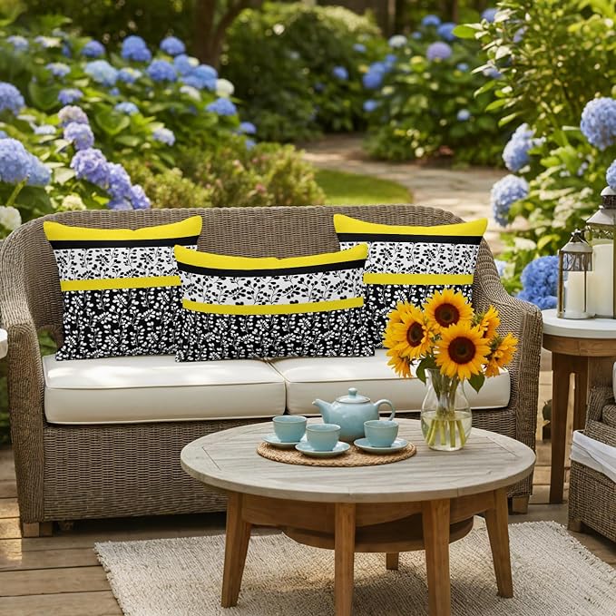 Black Yellow Outdoor Pillow Covers 20x12 Inch Lumbar Pillow Covers Set of 2 Waterproof Decorative Throw Pillow Cases Floral Stripe Aesthetic Flower Boho Cushion Covers for Patio Furniture