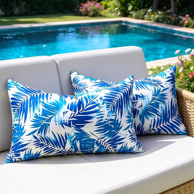 Outdoor Lumbar Pillow Covers Waterproof Summer Decorative Throw Pillow Covers Blue Tropical Leaf Couch Covers 18x18 Set of 2 Outdoor Cushion Home Decor for Patio Furniture Garden Tent Balcony Bench