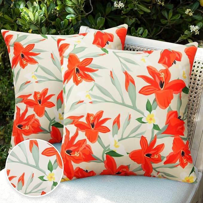 Pyonic Outdoor Pillows Covers Pack of 2 Spring Floral Waterproof Throw Pillow Covers 18X18 inch Outdoor Pillows for Patio Furniture Garden Square Outside Waterproof Pillow