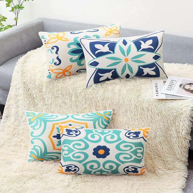 Pyonic Outdoor Waterproof Lumbar Pillow Covers 12x20 Inch Set of 4 | Floral Printed and Boho Farmhouse Outdoor Pillow Covers for Patio Funiture Garden ,Blue