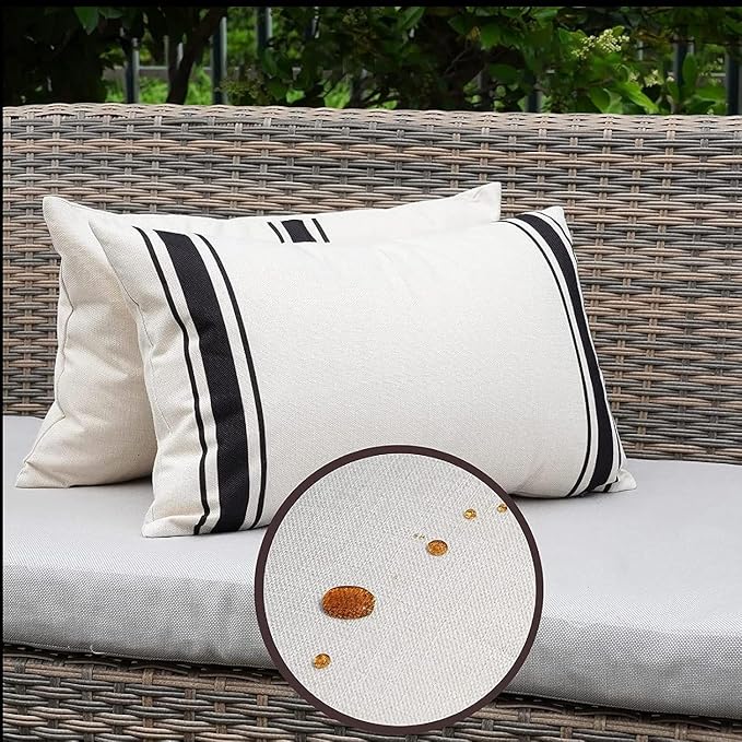 ONWAY Outdoor Pillow Covers Waterproof 12X20 Set of 2 Lumbar Throw Pillow Cover Beige and Black Striped Outdoor Pillows for Patio Furniture