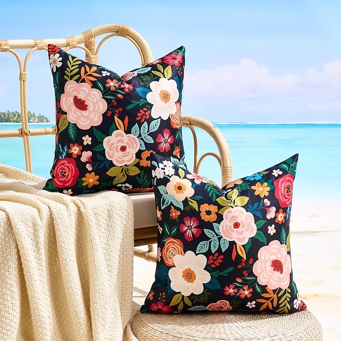 Outdoor Waterproof Floral Pillow Covers Decorative Throw Pillow Covers Summer Black Accent Square Couch Covers Garden Farmhouse Cushion Cases 16x16 Inch Set of 2 for Patio Tent Balcony Furniture Sofa