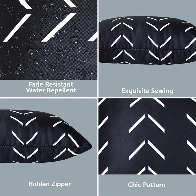 Adabana Geometric Waterproof Outdoor Pillow Covers 16x16 Black and White | Set of 2 Waterproof Design for Patio, Porch, Garden and Beach Decor