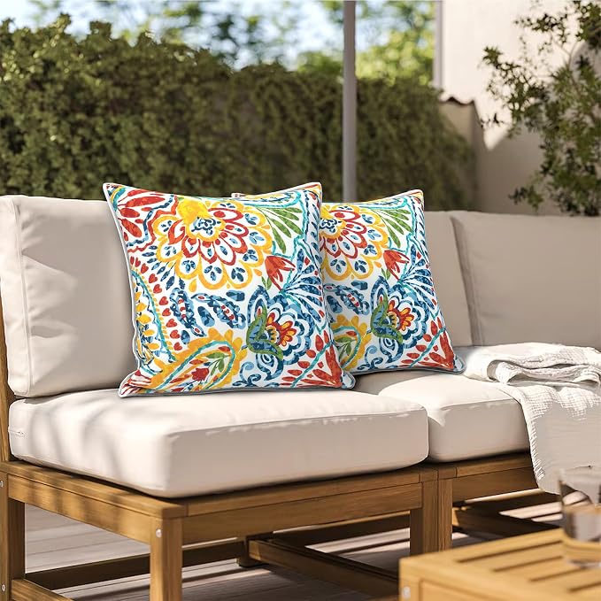 Outdoor Throw Pillows Inners, Fade Resistant Patio Furniture Square Pillows with Piping Set of 2 for Patio Furniture, 18x18 Inch, Paisley Multi