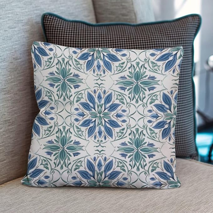 Mughal Flower Pillowcase Blue Lotus Floral Pillow Covers 26x26 INAbstract Accent Decorative Cushion Covers Home Decor for Patio Furniture Garden