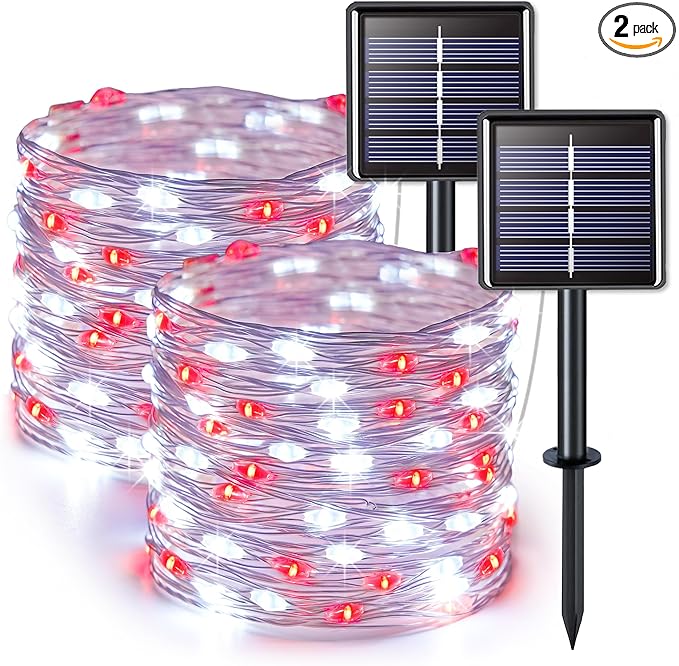 JMEXSUSS 2 Pack Solar Fairy Lights, Each 33FT 100 LED, Red and White | Outdoor Waterproof, 8 Modes Copper Wire Solar String Lights for Outside Patio Garden Yard Christmas Decorations