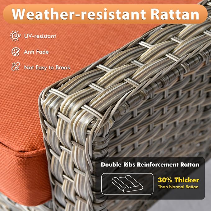 6 PCS Outdoor Patio Furniture Sets,Patio Conversation Sets Outside Rattan Soft Cushion Sofa with 2 Wicker Rocking Chairs & 54 in Fire Pit Table Fit Backyard Porch Garden Poolside Balcony,Orange Red