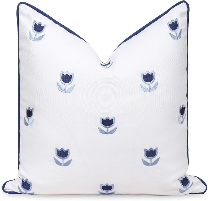 Hofdeco Premium Coastal Patio Indoor Outdoor Throw Pillow Cover Only, 20"x20" Water Repellent for Backyard, Couch, Navy Blue Embroidered Tulips Floral with Piping