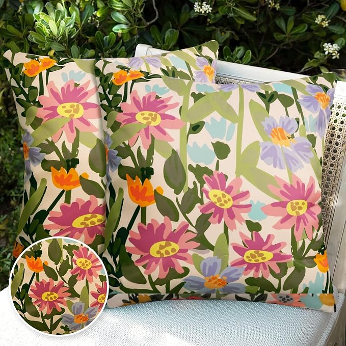 Pyonic Outdoor Pillows Covers Pack of 2 Spring Floral Waterproof Throw Pillow Covers 16X16 inch Outdoor Pillows for Patio Furniture Garden Square Outside Waterproof Pillow