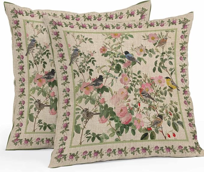 Vandarllin Outdoor Throw Pillows Covers 18x18 inch Set of 2 Waterproof Pink Floral Bird Decorative Zippered Cushion Covers for Patio Furniture, Green Leaves Branches Linen Lumbar Pillowcases