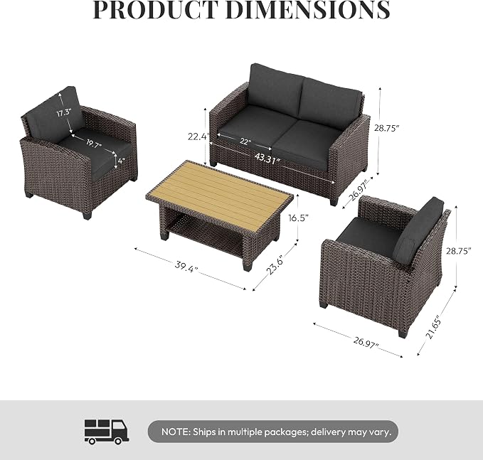 WWR Patio Furniture Set-30% Thicker Wicker-Luxury 4 Piece PatioWicker Outdoor Patio Conversation Set with Extra Wide & Thick Cushions, Armchair, Loveseat for Backyard, Porch & Deck