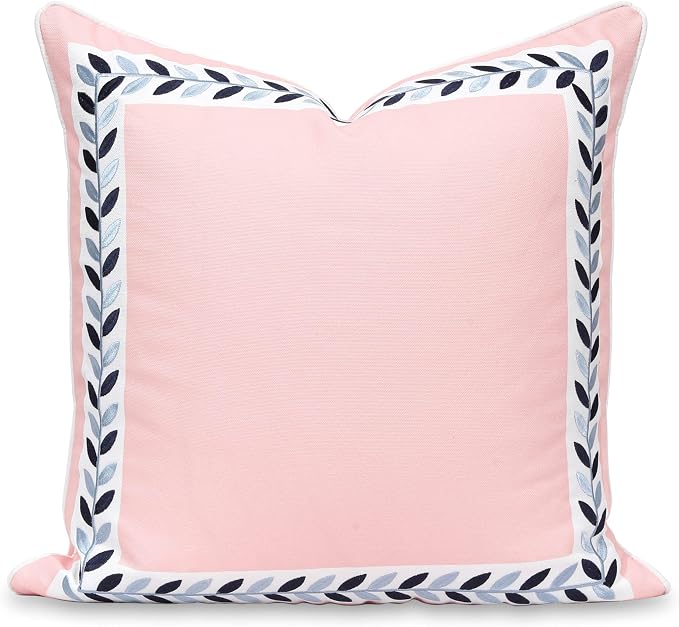 Hofdeco Premium Coastal Patio Indoor Outdoor Throw Pillow Cover Only, 20"x20" Water Repellent for Backyard, Couch, Blush Pink Embroidered Frame Leafs with Piping