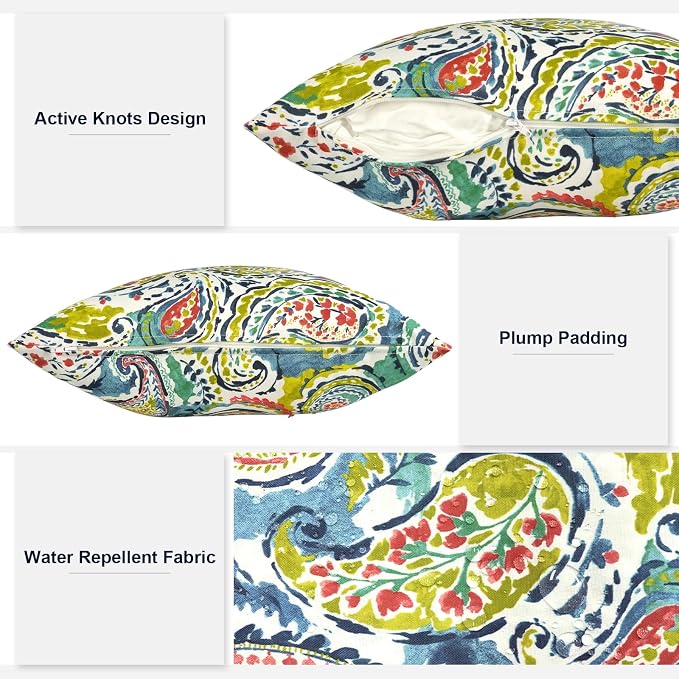 Outdoor Throw Pillows 16x16 Inch, Water Repellent Patio Pillows with Inners Set of 2 for Patio Furniture Home Graden, Paradise Paisley