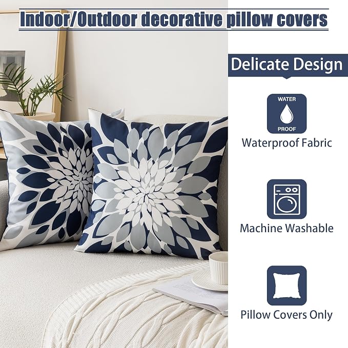 Pack of 4 Outdoor Waterproof Pillow Covers 16x16 Decorative Outdoor Throw Pillows Garden Square Cushion Cases for Patio Furniture, Couch, Tent Sunbrella, Bench, Navy Blue Grey