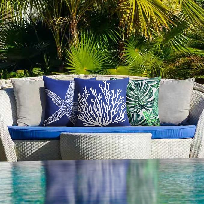 Adabana Outdoor Waterproof Coastal Pillow Covers 20x20 Inch | Nautical Starfish Coral Outdoor Pillow Covers Summer Decirative for Patio Furniture Porch Garden Pillows