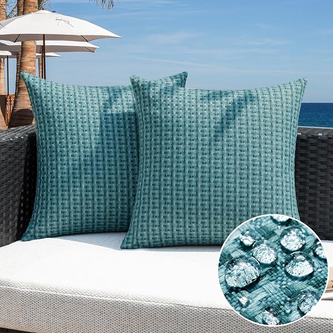 Kevin Textile Outdoor Waterproof 24"x24" Pillow Covers 2 Pack, Teal | Water Resistant Weaving Faux Linen Texture Throw Pillow Covers, Outside Decorative Pillowcases for Garden Patio Balcony Couch