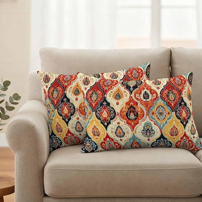 Bohemian Floral Outdoor Pillow Covers 20"x12" Set of 2, Moroccan Exotic Colored Floral Waterproof Throw Pillow Covers for Patio Furniture, Decorative Cushion Covers for Porch