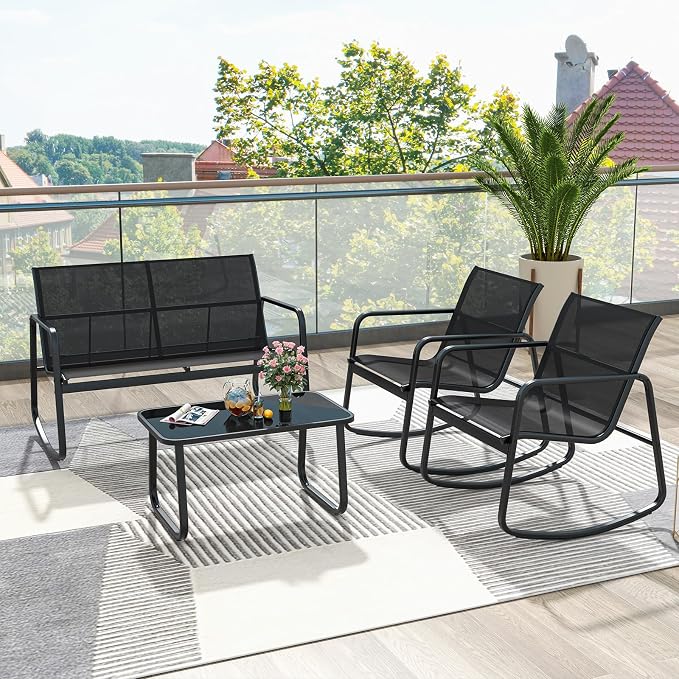 HAPPYGRILL 4 Pieces Patio Rocking Furniture Set with Loveseat, 2 Rocking Chairs & Glass-Top Coffee Table, Outdoor Porch Rocker Chair Conversation Set for Balcony, Poolside, Garden, Backyard (Black)