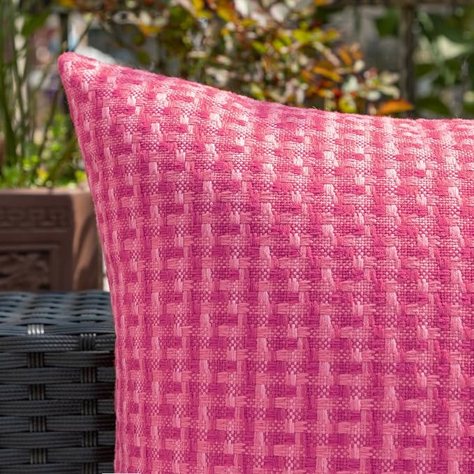 Kevin Textile Outdoor Waterproof 22"x22" Pillow Covers 2 Pack, Hot Pink | Water Resistant Weaving Faux Linen Texture Throw Pillow Covers, Outside Decorative Pillowcases for Garden Patio Balcony Couch