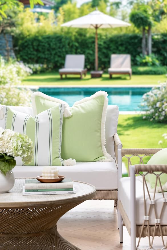 Hofdeco Premium Coastal Hampton Outdoor Performance Throw Pillow Cover Only, 22"x22" Water Repellent, UV and Fade Resistant for Backyard, Couch, Poolside, Grass Green Woven Solid