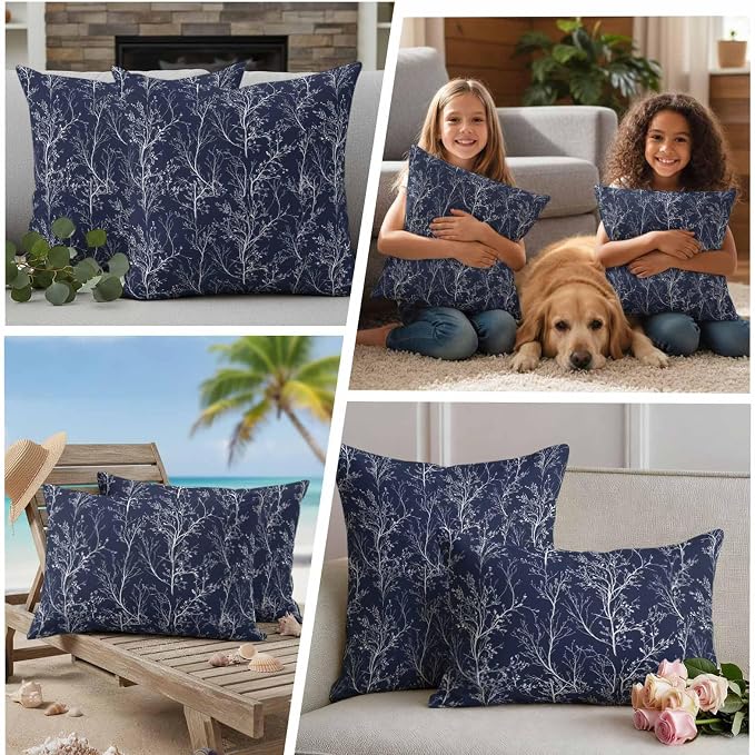 Navy Blue Branches Waterproof Outdoor Pillow Covers Set of 2 Home Decor, Abstract Art Leaves Plant Pillowcase Patio Pillow Covers for Couch Bench Patio Furniture Garden 24x24in