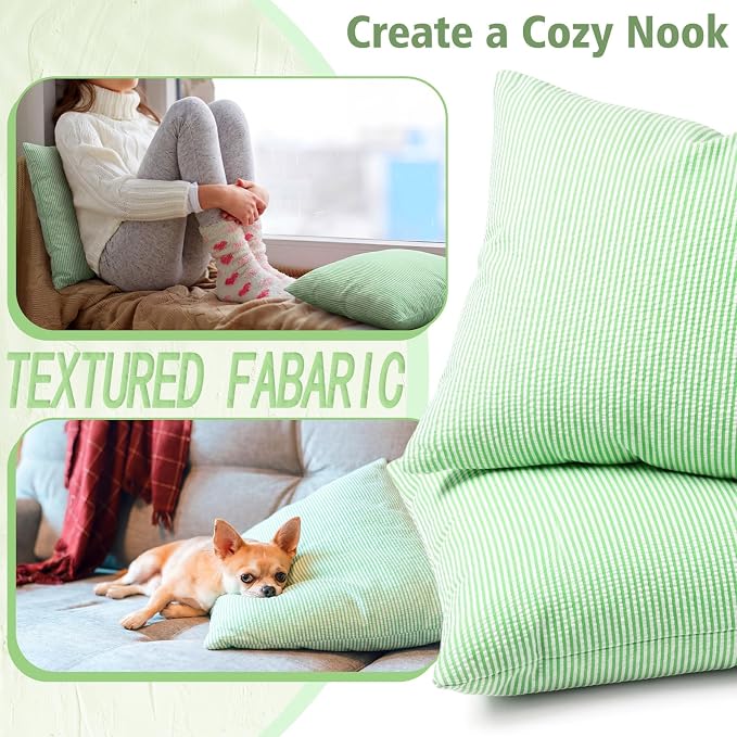 Huhumy Green Throw Pillow Cover 18" x 18" for Home Decoration Striped Modern Style Decorative Cushion Covers No Inserts Seersucker Pillow Cover for Living Room, Chair, Bed, Couch, Set of 4