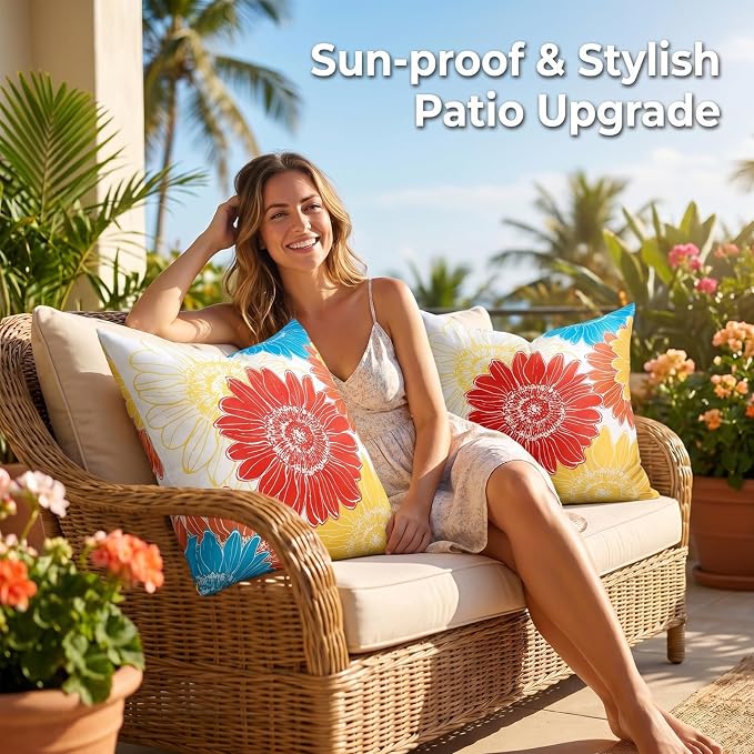 Outdoor Pillow Covers Waterproof Summer Throw Pillow Covers Red Orange Sunflower Decorative Floral Square Farmhouse Cushion Throw Pillowcase 16x16 Set of 2 for Living Room Sofa Patio Furniture Garden