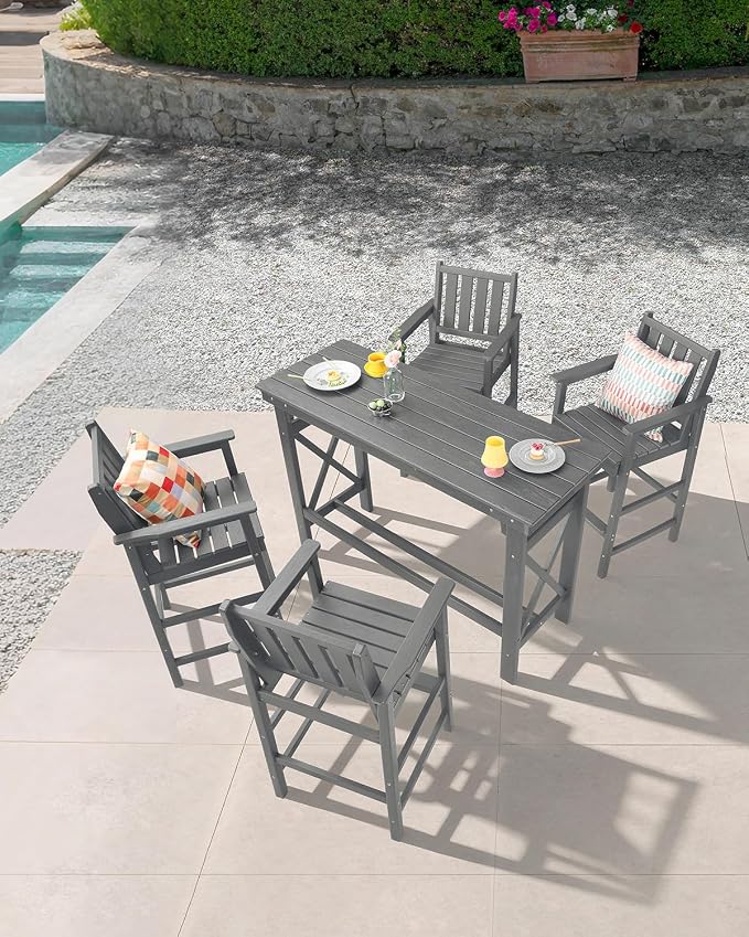 5-Piece HDPE Patio Bar Set, Rectangular Bar Height Table and 4 Adirondack Bar Chairs, Weatherproof Outdoor Bar Stools Set, Outdoor Bar Table and Chairs Set for Deck, Balcony, Pool, Smoke Gray