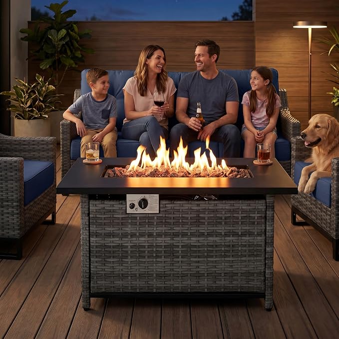 9 Piece Patio Furniture Set with 6" Thick Cushions, Weather-Resistant Wicker Swivel Rocker High Back Chairs and Fire Pit Table for Porch Yard Deck