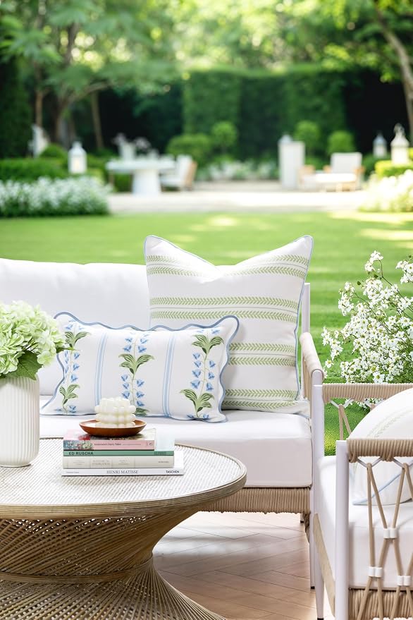 Hofdeco Premium Grandmillennial Coastal Hampton Patio Indoor Outdoor Lumbar Pillow Cover Only, 12"x20" Water Repellent for Backyard, Couch, Poolside, Blue Green Print Striped Lily of the Valley