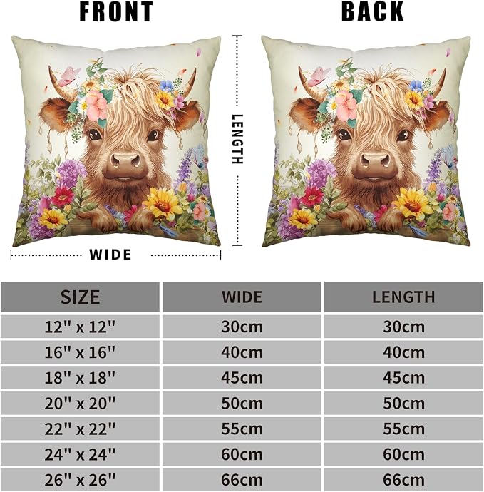 Highland Cow Pillow Covers 20x20 Set of 2 Cattle with Flowers Throw Pillow Covers Spring Outdoor Pillowcase Cotton Linen Farmhouse Cushion Case for Sofa Outdoor Patio