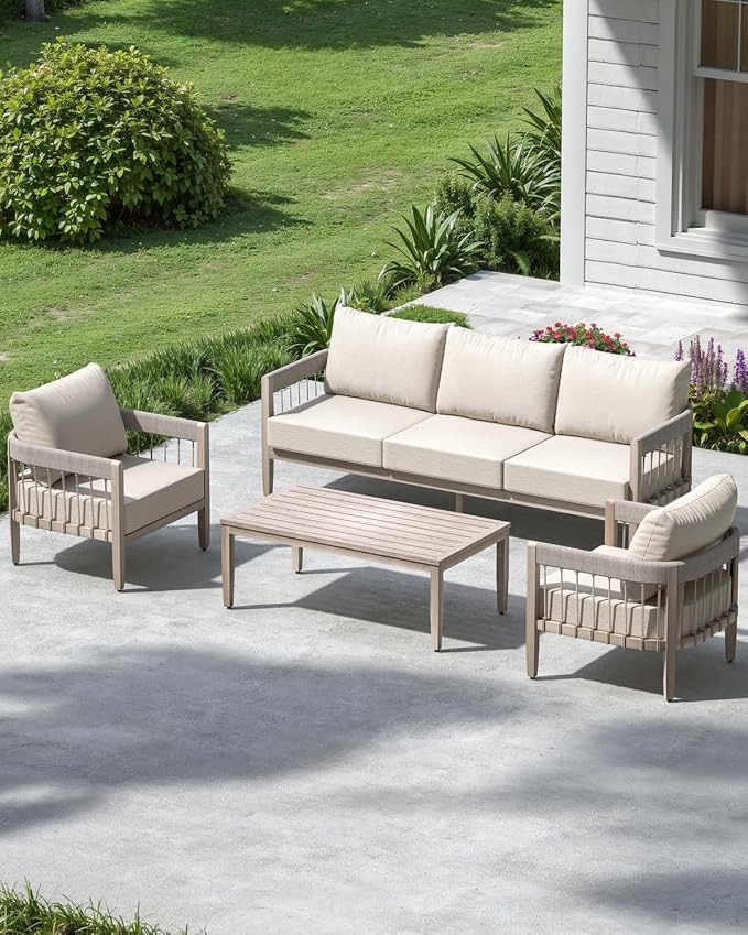 3-Seater Outdoor Aluminum Sofa, Never-Rust Patio Sofa Couch with Faux Wood Grain Finish Frame, Rope Weave Outdoor Sofa with Extra Thick Cushions, Outdoor Patio Couch for Deck, Porch, Garden