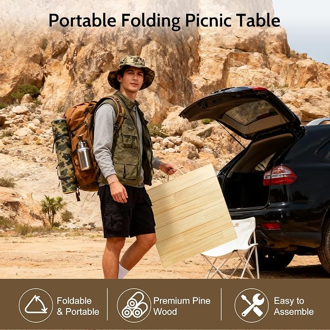 Folding Picnic Table with Table Runner & Placemat, 60 * 30in Wooden Picnic Table for Outdoors, Boho Low Coffee Table for Sitting on The Floor, for Beach, Park, Garden, Camping, Travel(Natural)