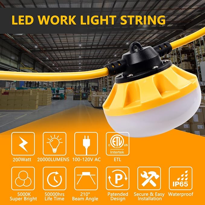 200FT Construction String Lights, Industrial Grade,Free for Climbing Hook | for Construction Sites, Renovation, Walkways,Patio，Mine cave, Outdoor, and Other Outdoor Lighting Solutions Use