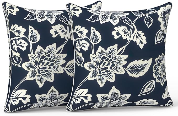 LVTXIII Outdoor/Indoor Throw Pillows, Decorative Patio Accent Pillows, Fluffy Water Repellent Garden Cushions for Home Patio Coach Sofa Use, 20×20 Inch, Pack of 2, Elegant Vines Navy
