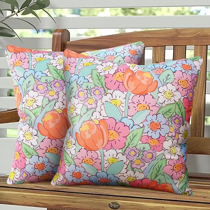 JASEN Outdoor Waterproof Throw Pillow Covers 18x18 Inch, Spring Floral Double Sided Decorative Square Covers for Patio Furniture Garden Square Couch & Sofa - Pack of 2 (Floral B)
