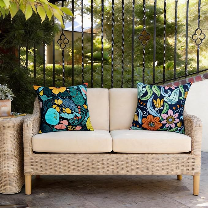 Outdoor Pillow Covers Waterproof Cushion Covers Patio Pillows Case 2 Pack | 18x18inch,Printed Boho Flowers,Seamless,Hidden Zipper,Machine Washable,Perfect decoration for Porch,Patio,Balcony