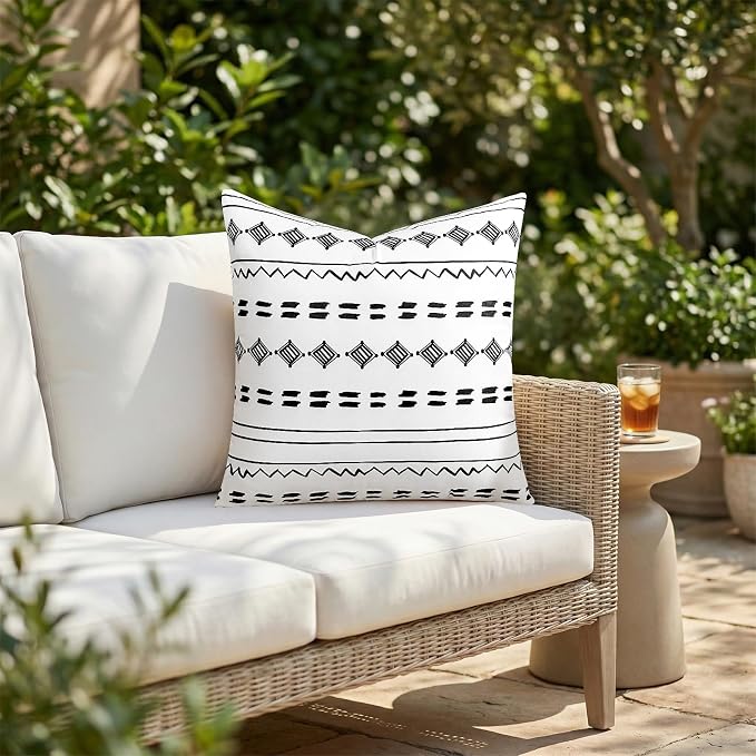 Outdoor Waterproof Pillow Covers 18x18 Set of 2 White Geometric Design | Waterproof Fabric Designed for Patio Furniture, Porch, Balcony and Garden Decor