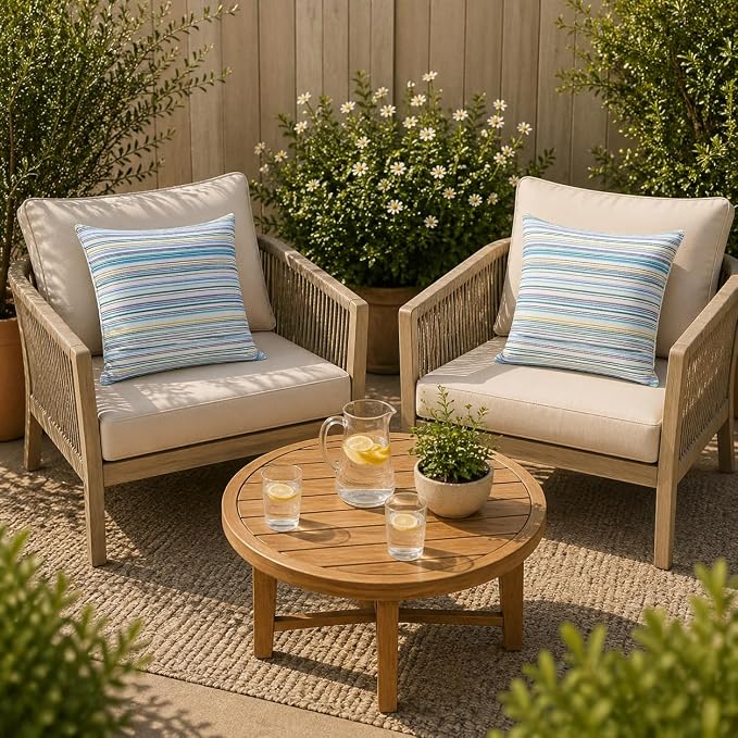 FUNHOME Outdoor Throw Pillows 18x18 inch,Decorative Throw Pillow with Insert Set of 2,Water Resistant Pillow for Patio Furniture Sofa Couch Chair(Blue Stripe)